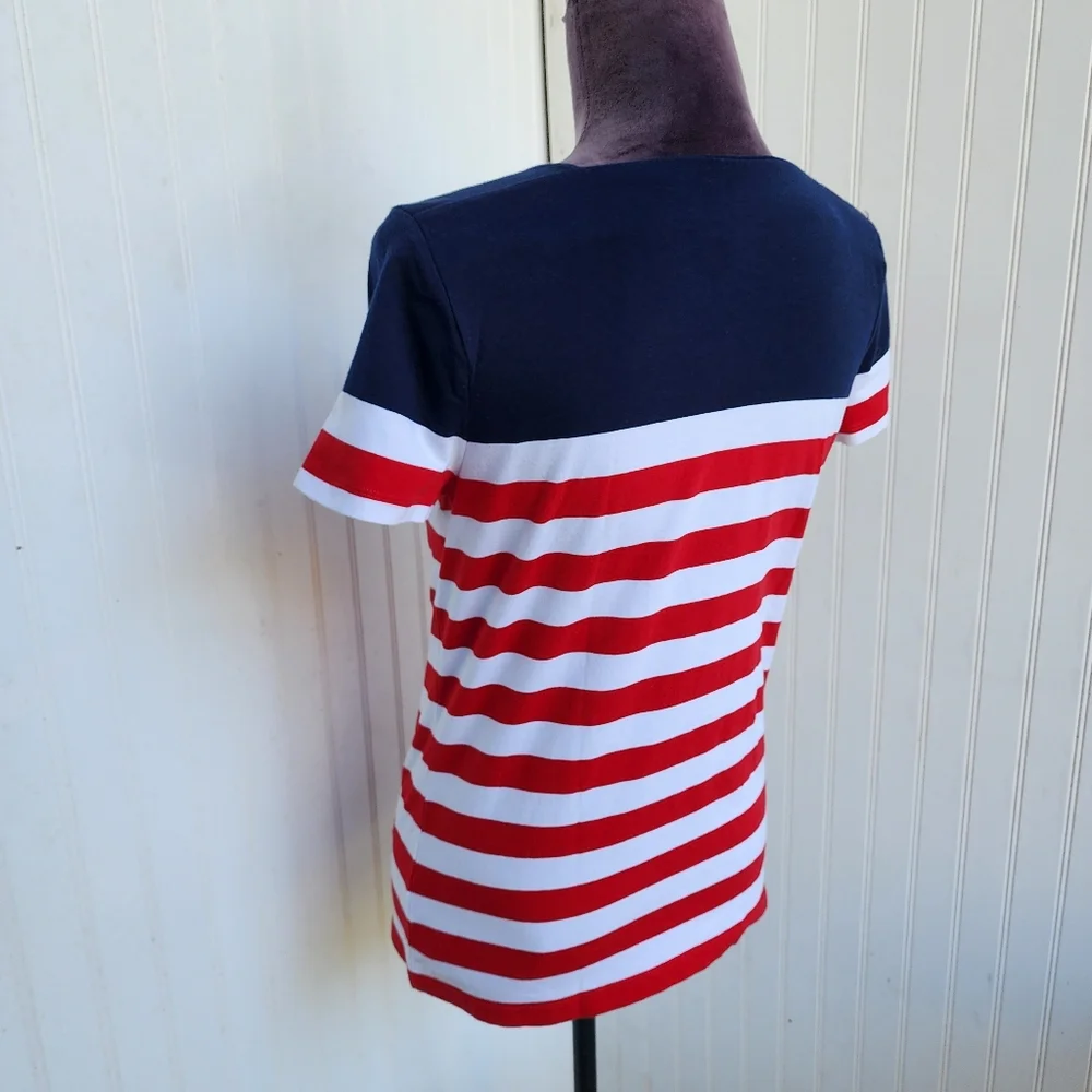 Chaps Classics Navy White Red Stripe Square Neck Short Sleeve T Shirt Nautical M - Picture 7 of 10